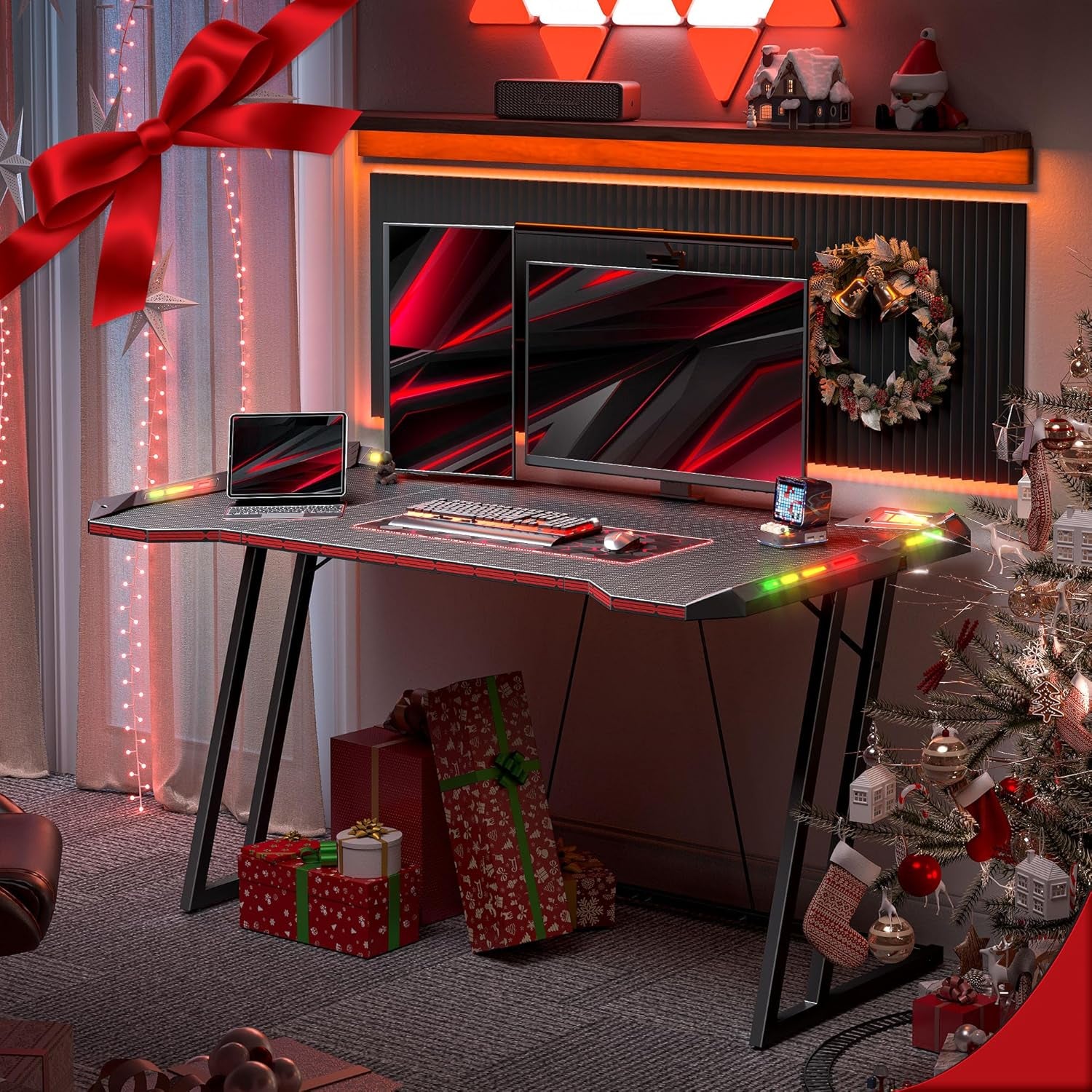 Gaming Desk with LED, 120 Cm Gamer Workstation, Home Computer with Carbon Fiber Surface, Black