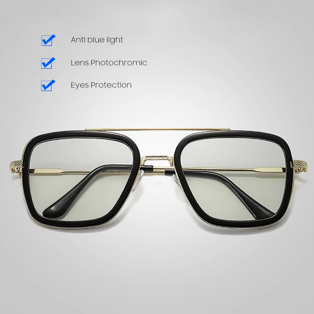 Square Photochromic Glasses Men Anti Blue Light Blocking Eyeglasses Computer Ray Retro Unisex Tony Stark Goggles