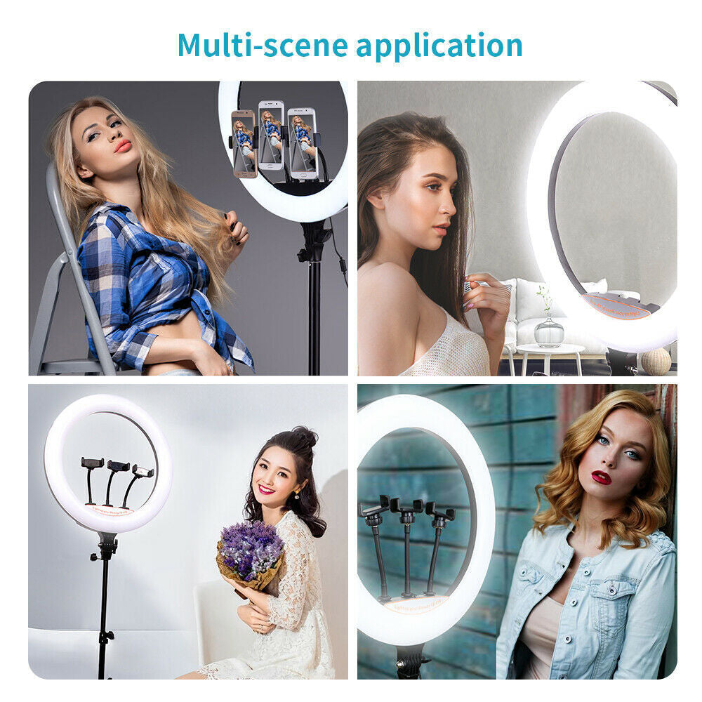 14" LED Ring Light 3 Phone Holders W/1.7M Stand Selfies Live Video Makeup