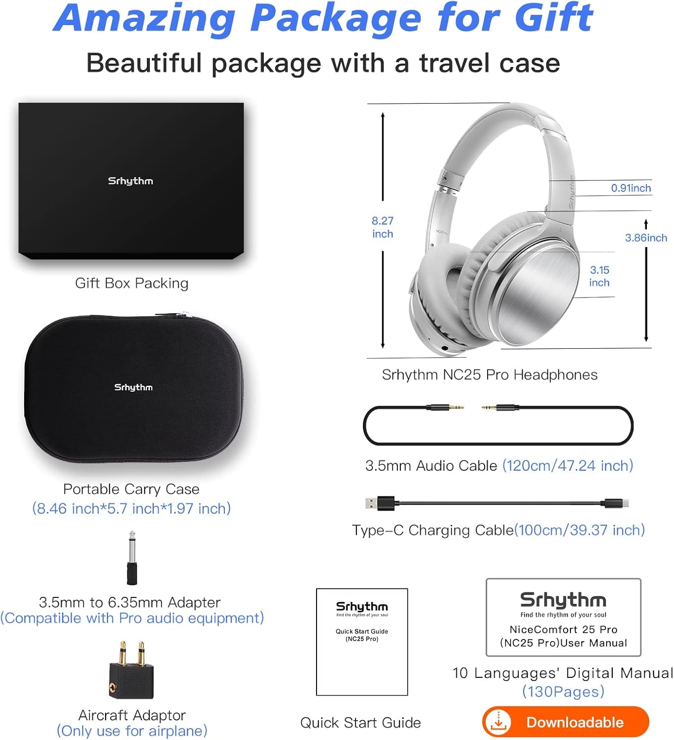 Nicecomfort 25Pro Active Noise Cancelling Headphones Wireless,Bluetooth V5.3 Headset with Game Mode