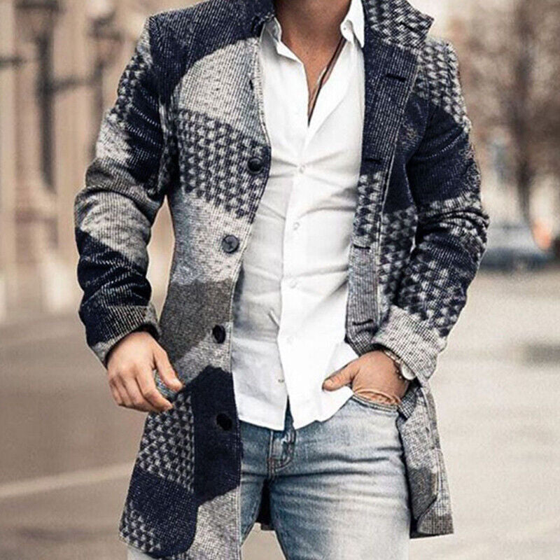 Men’s Long Sleeve Woolen Trench Coat – Warm Plaid Office Jacket for Winter Style