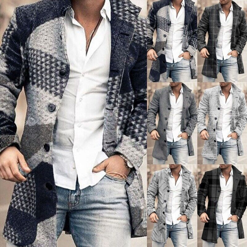 Men’s Long Sleeve Woolen Trench Coat – Warm Plaid Office Jacket for Winter Style