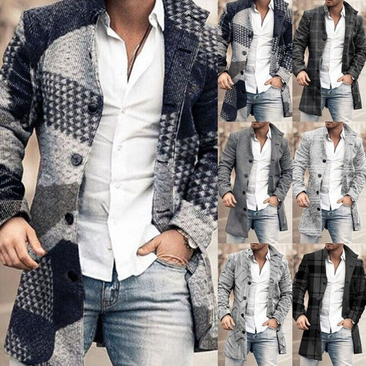 Men’s Long Sleeve Woolen Trench Coat – Warm Plaid Office Jacket for Winter Style