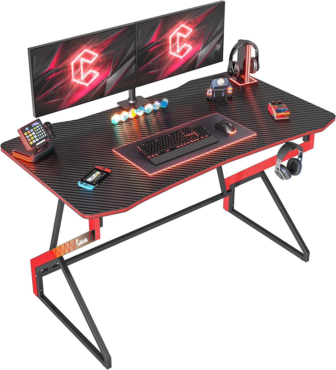 Gaming Desk with LED, 120 Cm Gamer Workstation, Home Computer with Carbon Fiber Surface, Black