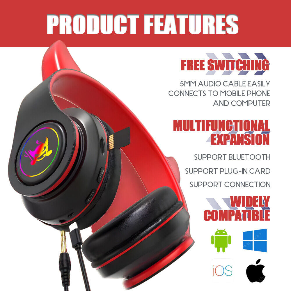 Wireless Bluetooth Headphones with LED Light for Game Sports Music Cool Design