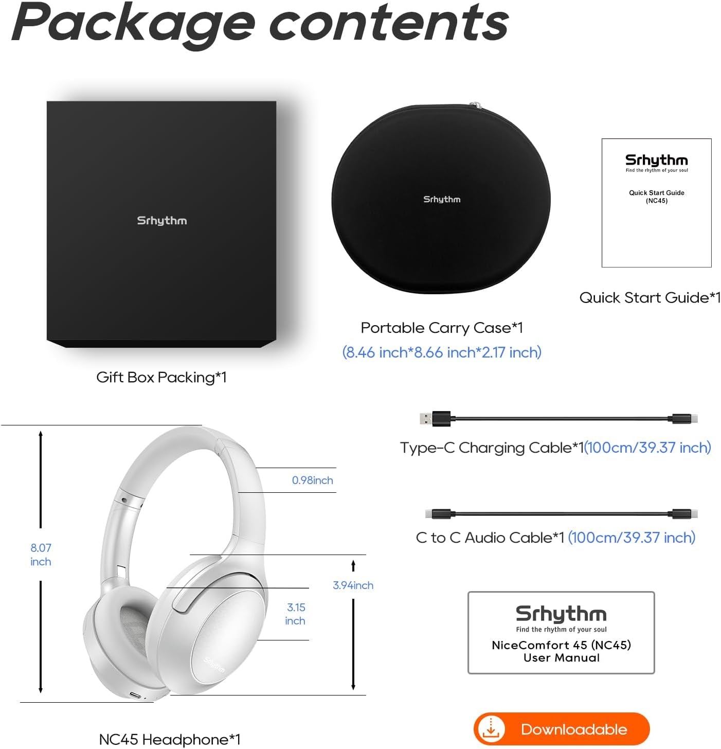 NC45 Active Noise Cancelling Headphones, Wireless Bluetooth Headphones over Ear with Mic Deep Bass, Foldable and Durable,Comfortable Protein Earpads, 40H Playtime for Tv/Pc/Cell Phone