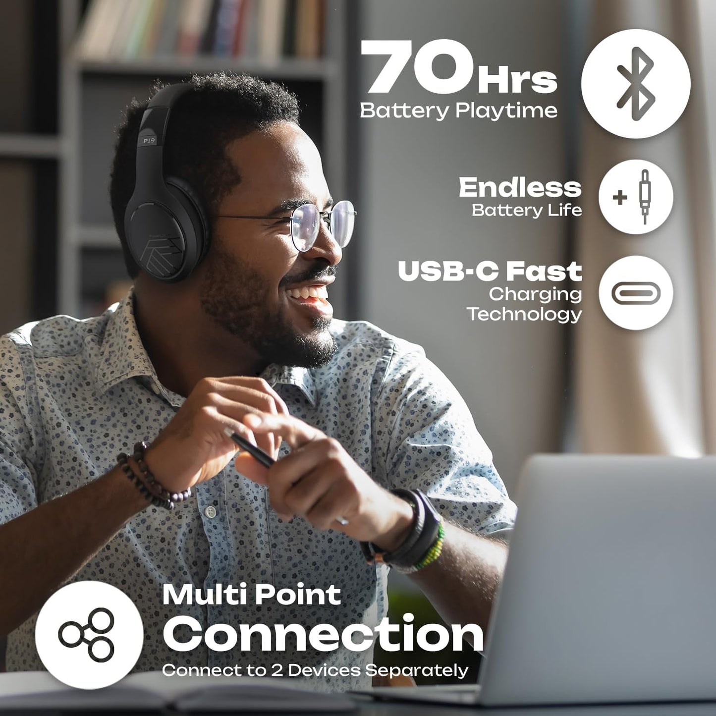 Bluetooth Headphones, Bluetooth Headphones over Ear, Wireless Headphones with Microphone, 3 EQ Modes, 60Hrs Playtime, Foldable Headphones, Fabric Headband, Hi-Fi Stereo for Work/Travel/Pc