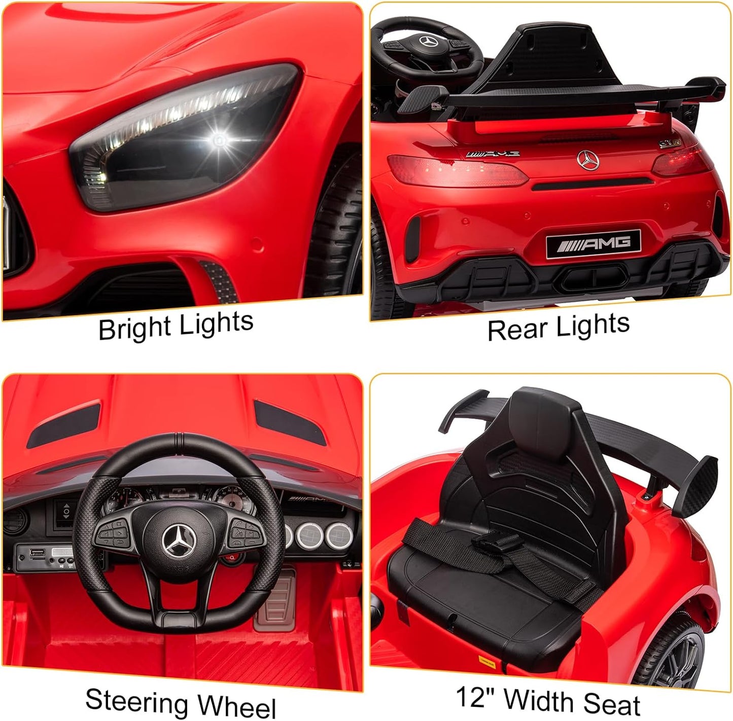 12V Ride on Car, Licensed Mercedes Benz AMG GTR with Parental Remote, 2 Motors Electric Car for Kids to Drive W/Wider Seat, LED Lights, Openable Doors, MP3, Smooth Start, 3 Speeds - Red