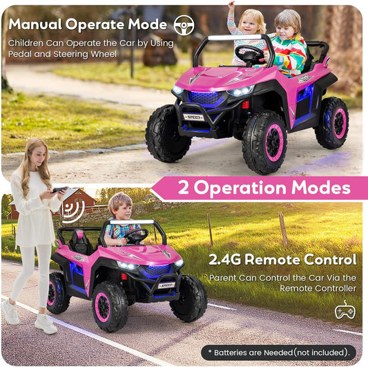 Kids Electric UTV, 2-Seater 12V Battery Powered Toy Car with Remote Control, Lights, Bluetooth, MP3, USB, FM, High/Low Speed & Suspension Spring, Children Ride on Car for 3-8 Years Old (Pink)