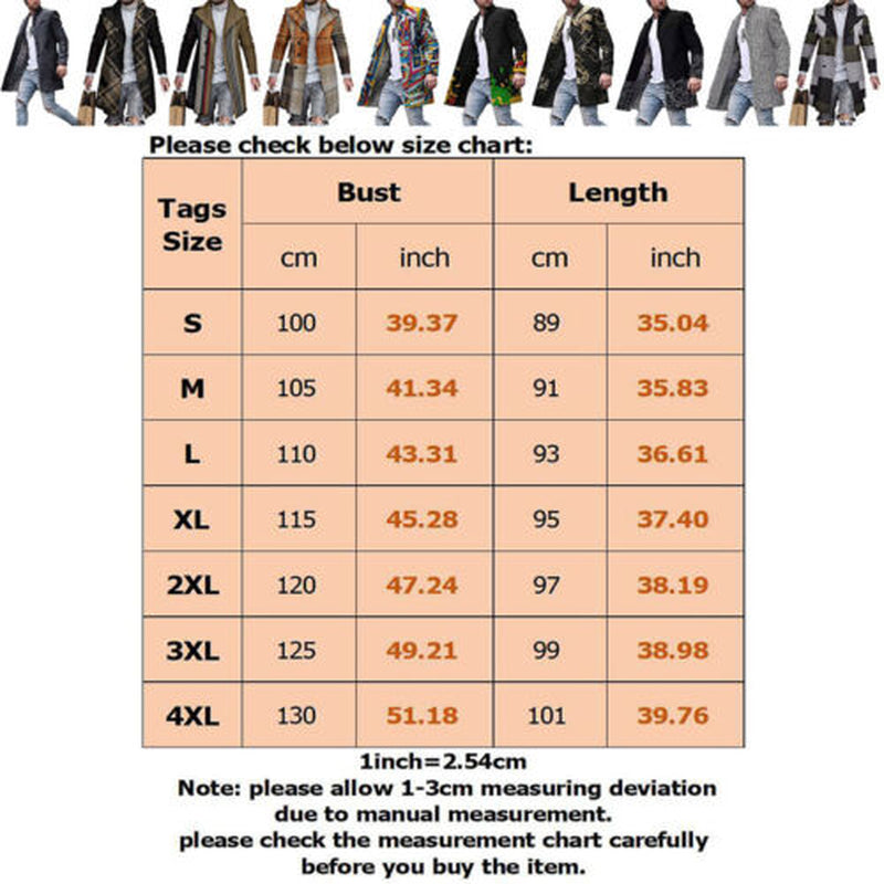 Men’s Slim Fit Plaid Trench Coat – Winter Warm Long Sleeve Jacket