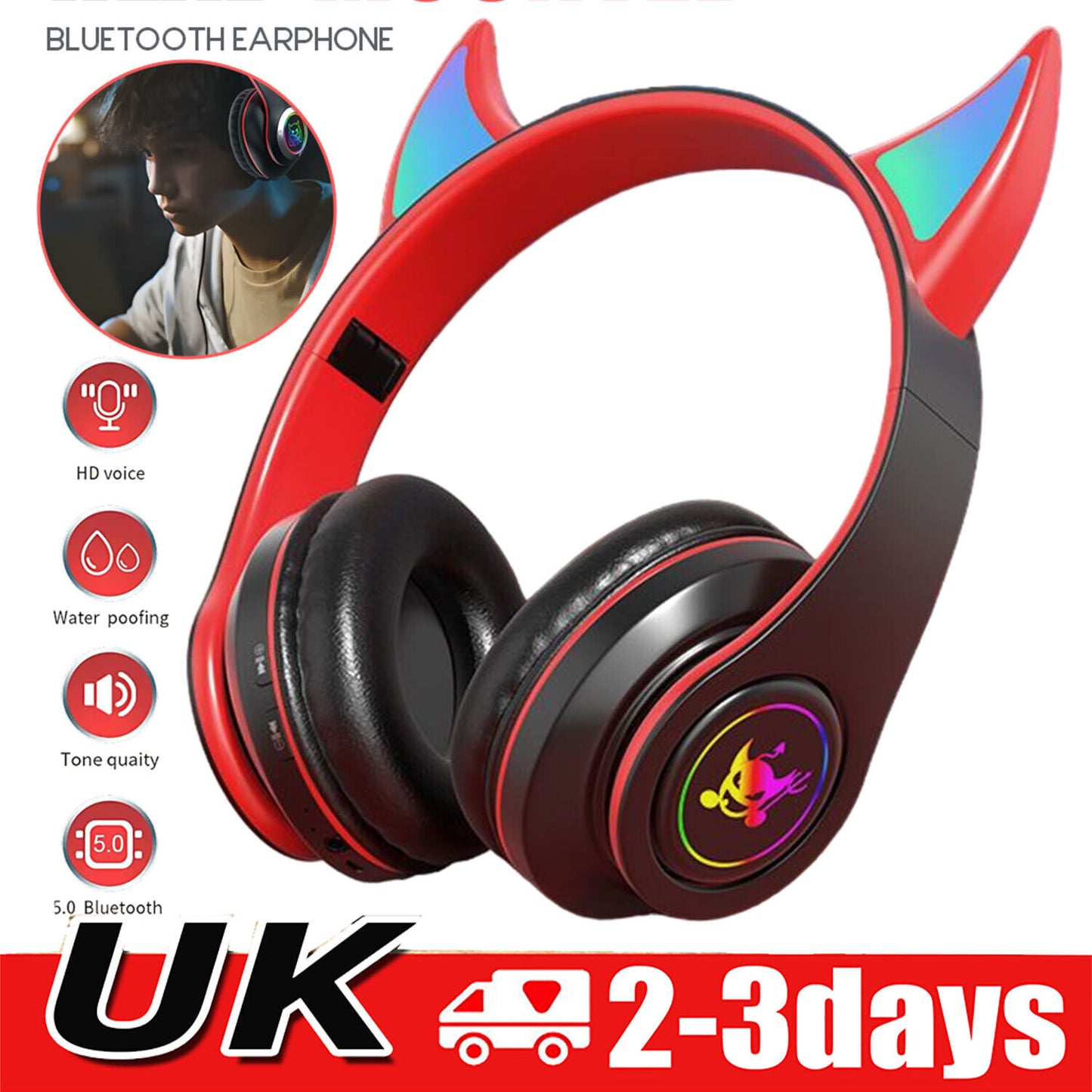 Wireless Bluetooth Headphones with LED Light for Game Sports Music Cool Design