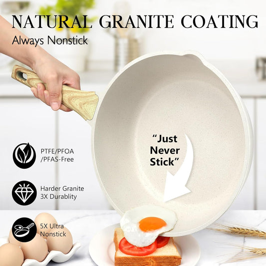 Nonstick Deep Frying Pan – 4.3L White Granite Sauté Pan with Lid, Pour Spout, Stay-Cool Handle, and Induction Compatibility (PFOA Free, 28cm)