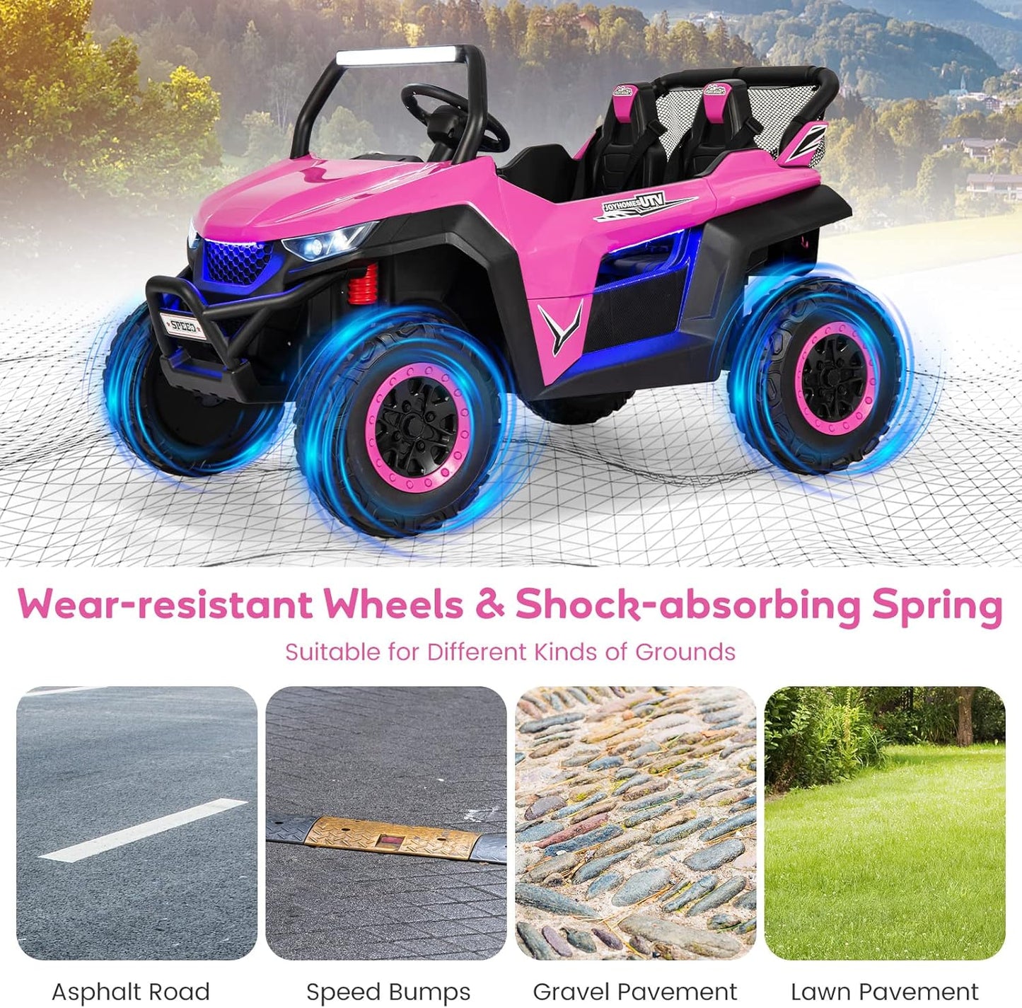 Kids Electric UTV, 2-Seater 12V Battery Powered Toy Car with Remote Control, Lights, Bluetooth, MP3, USB, FM, High/Low Speed & Suspension Spring, Children Ride on Car for 3-8 Years Old (Pink)