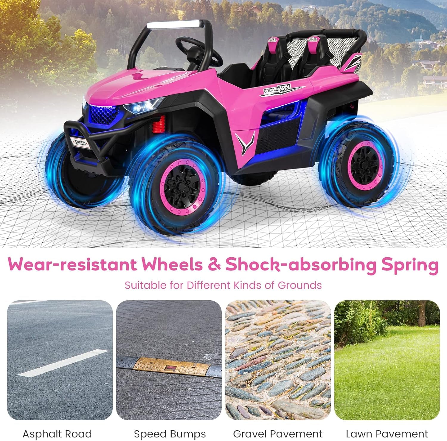 Kids Electric UTV, 2-Seater 12V Battery Powered Toy Car with Remote Control, Lights, Bluetooth, MP3, USB, FM, High/Low Speed & Suspension Spring, Children Ride on Car for 3-8 Years Old (Pink)
