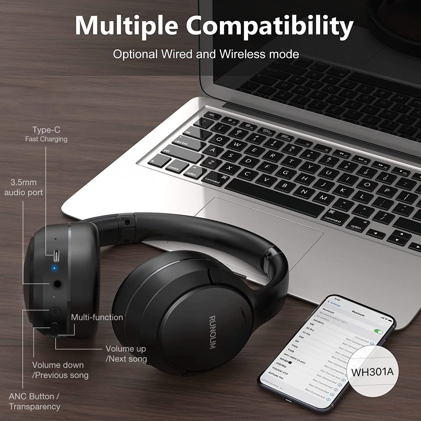Hybrid Active Noise Cancelling Headphones, Wireless over Ear Bluetooth Headphones with Microphone, 70H Playtime, Foldable Wireless Headphones with Hifi Audio, Deep Bass for Home Travel Office