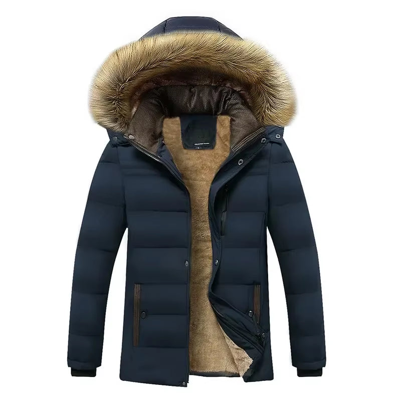 Men's Winter Waterproof Hooded Parka Jacket – Thick Fleece, Fur Collar, Casual Warm Coat