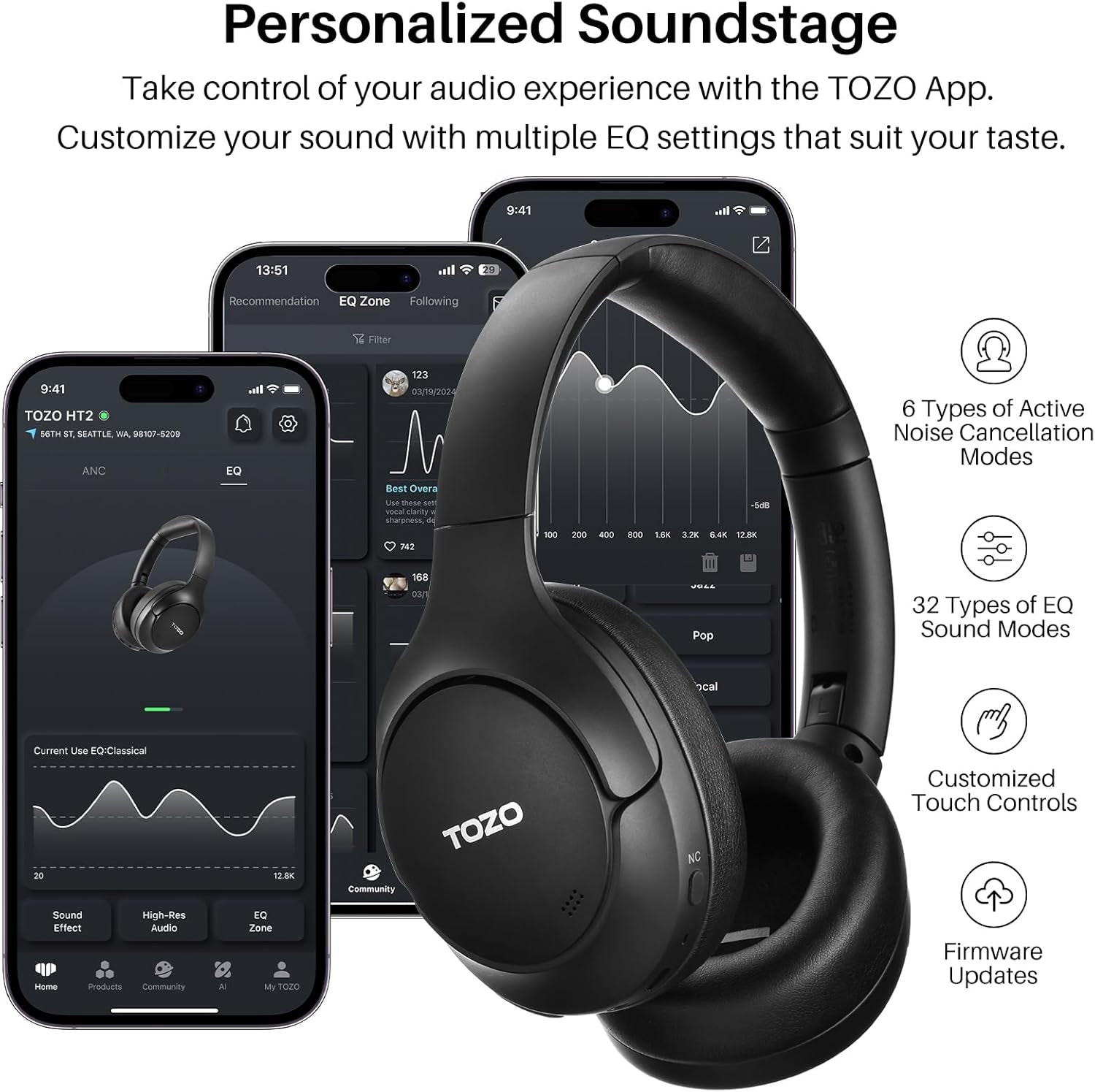 HT2 Hybrid Active Noise Cancelling Wireless Headphones, 60H Playtime Lossless Audio over Ear Bluetooth Headphones, Hi-Res Audio Deep Bass Foldable Lightweight Headset for Workout