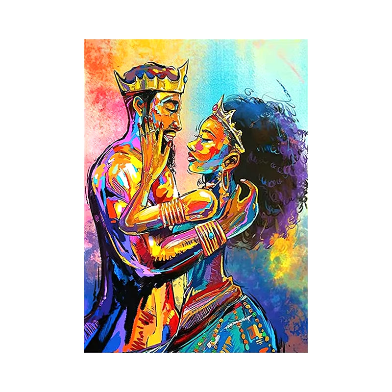 Colorful Graffiti Couple Oil Painting - African Art Canvas Prints, Abstract King & Queen Wall Poster with Frame for Home Decor