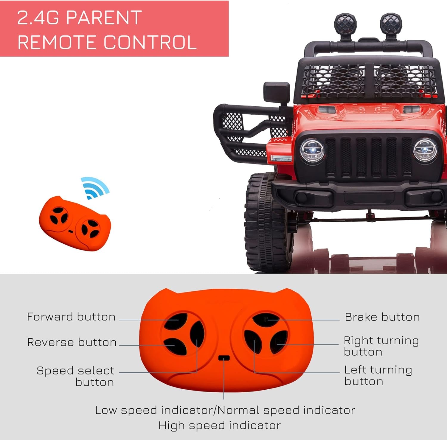 Kids Electric Ride on Car 12V off Road Toy with Parental Remote Control 2 Motors Horn Lights Suspension Wheels for 3-6 Years Old Red