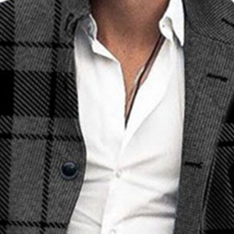 Men’s Long Sleeve Woolen Trench Coat – Warm Plaid Office Jacket for Winter Style