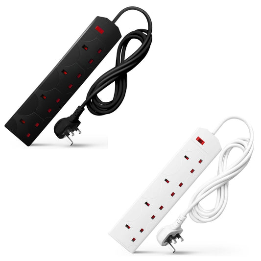 Black 4-Gang Extension Lead with 1M Cable, UK Plug, and Wall Mount Capability