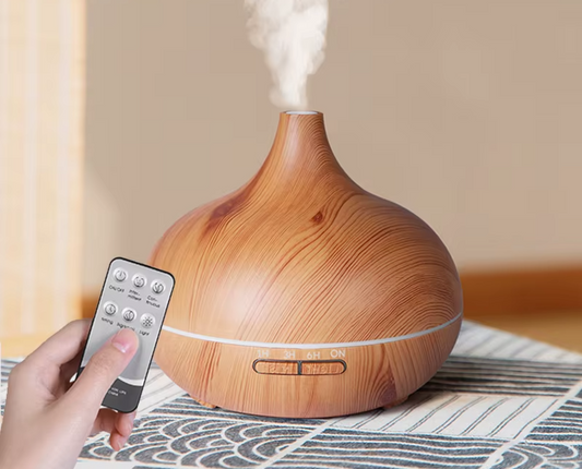 500ml Wood Grain Ultrasonic Aroma Diffuser – 7-Color LED, Remote Control, Humidifier & Timer