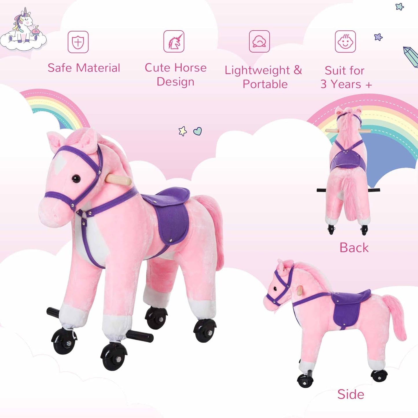 Wooden Action Pony Wheeled Walking Horse Riding Little Baby Plush Toy Wooden Style Ride on Animal Kids Gift W/Sound