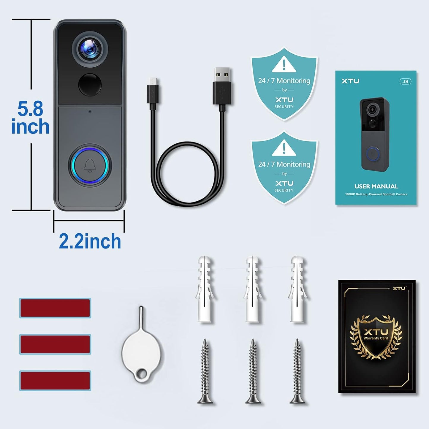 Wireless Wifi Video Doorbell Camera, 2K HD Smart Video Door Bell with Camera Battery Operated PIR Motion Detection Night Vision 2-Way Audio Support SD Card