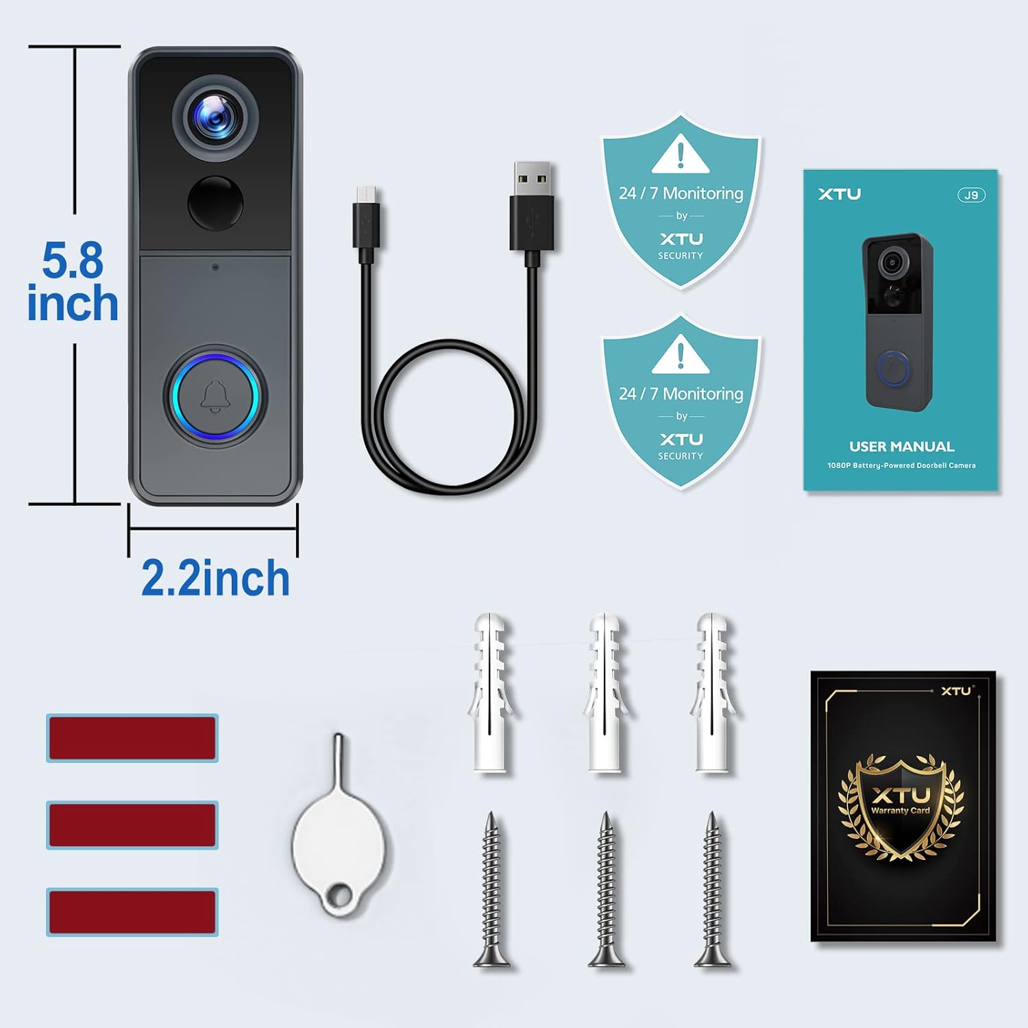 Wireless Wifi Video Doorbell Camera, 2K HD Smart Video Door Bell with Camera Battery Operated PIR Motion Detection Night Vision 2-Way Audio Support SD Card