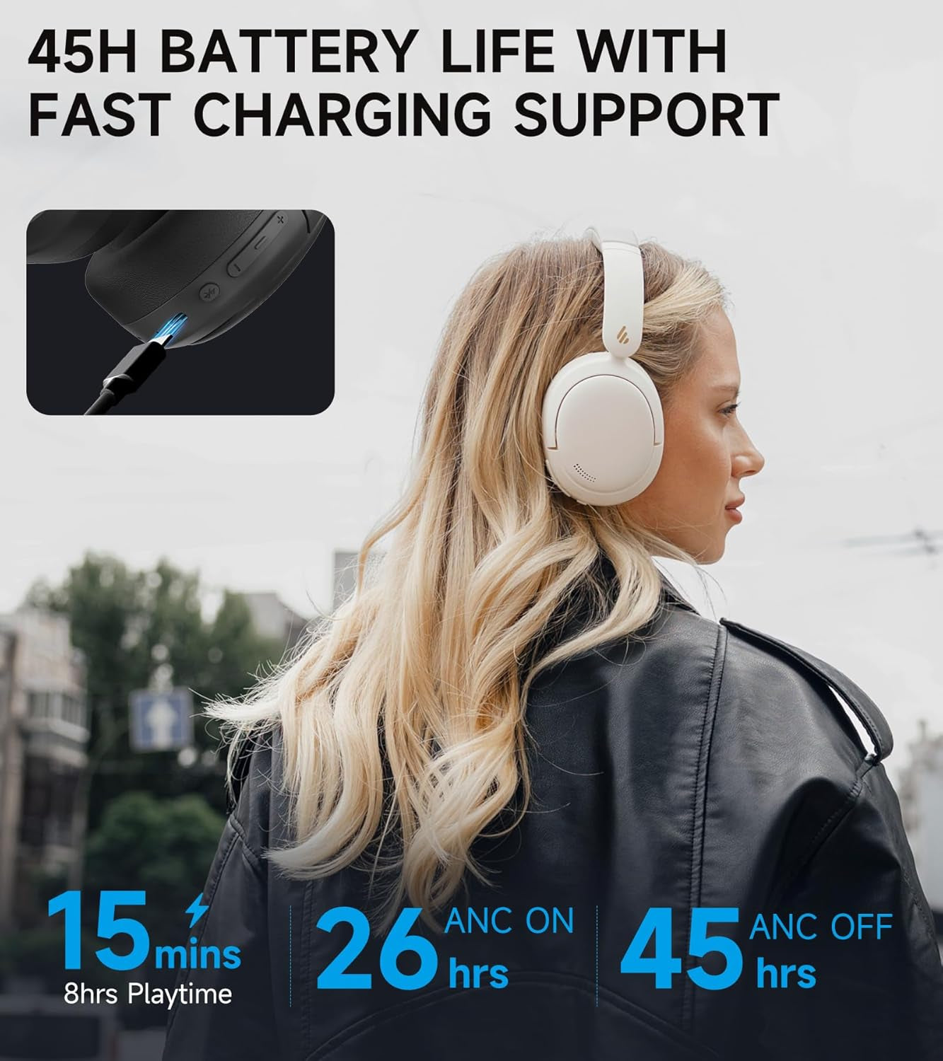 W800BT Pro Hybrid Active Noise Cancelling Headphones - Hi-Res Audio - AI Call Noise Cancellation - 45H Playtime - Fast Charging - Foldable - Wireless Over-Ear Bluetooth 5.4 Headphones - Ivory