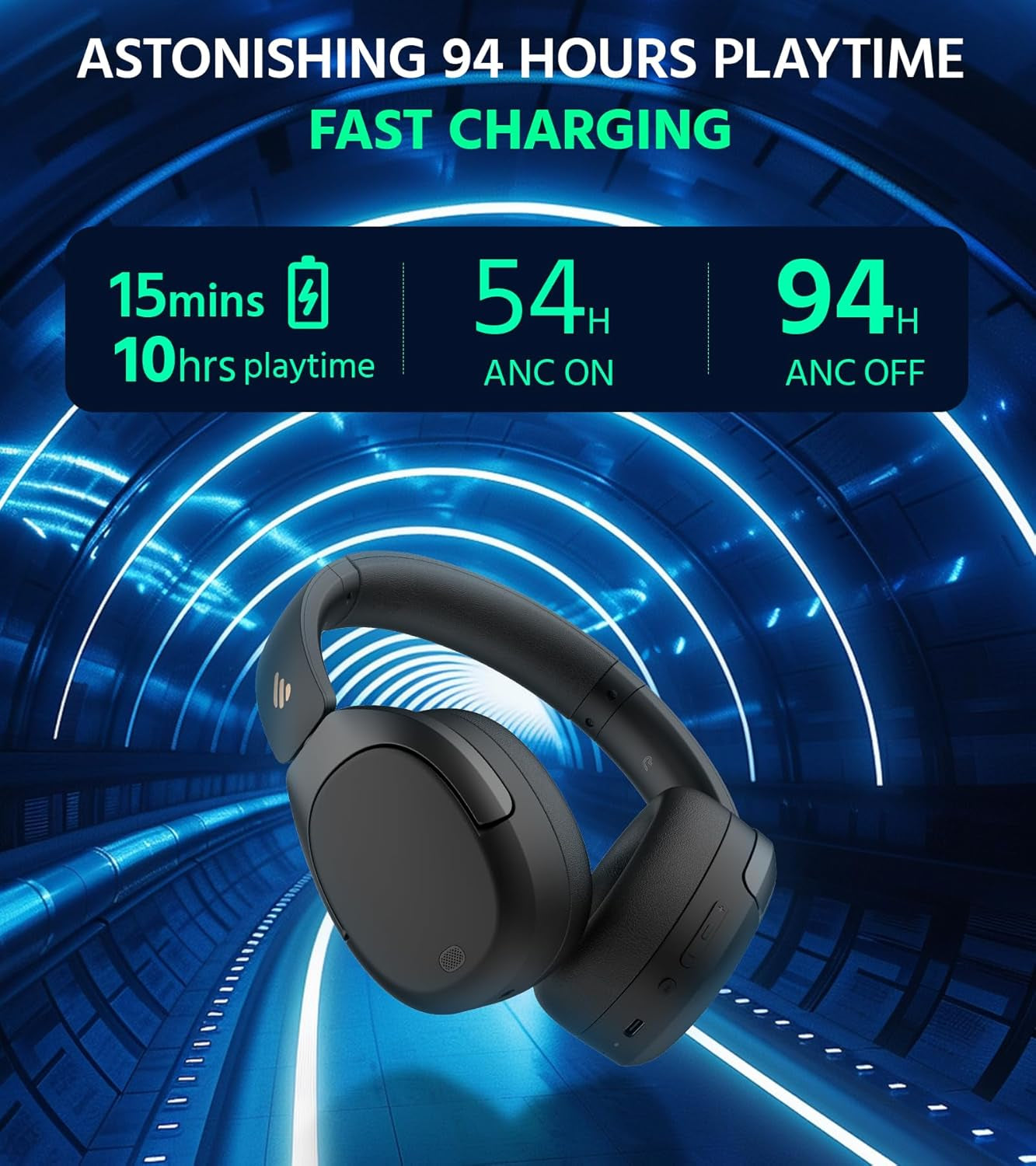 W830NB Wireless over Ear Headphones with -45 Db ANC, 94 Hours Battery, LDAC Hi-Res Sound, Spatial Audio, Quick Charge, Bluetooth V5.4 - Black