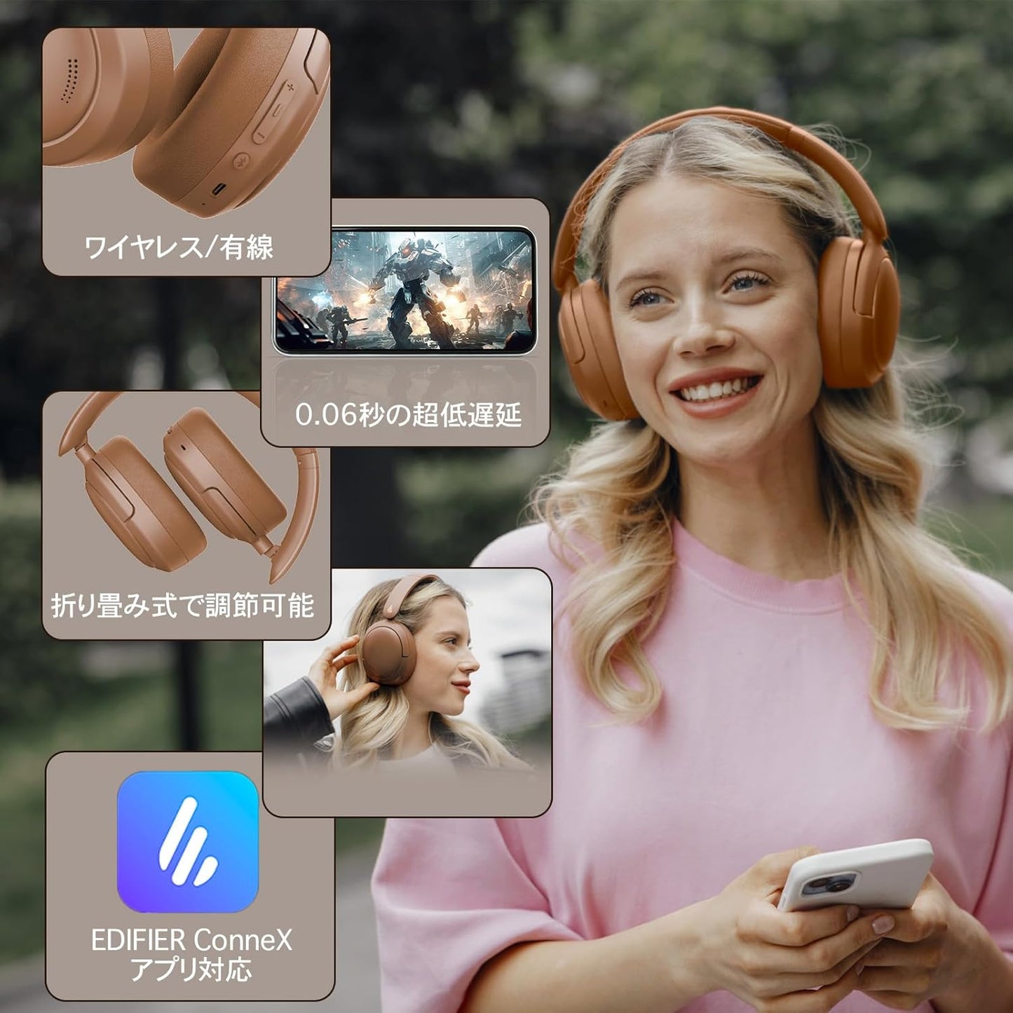 V80 Hybrid Active Noise Cancelling Headphones, True Wireless over Ear Bluetooth Headset with 45H Playtime Hi-Res Audio Fast Charging Multipoint Connection for Travel Home Office - Brown