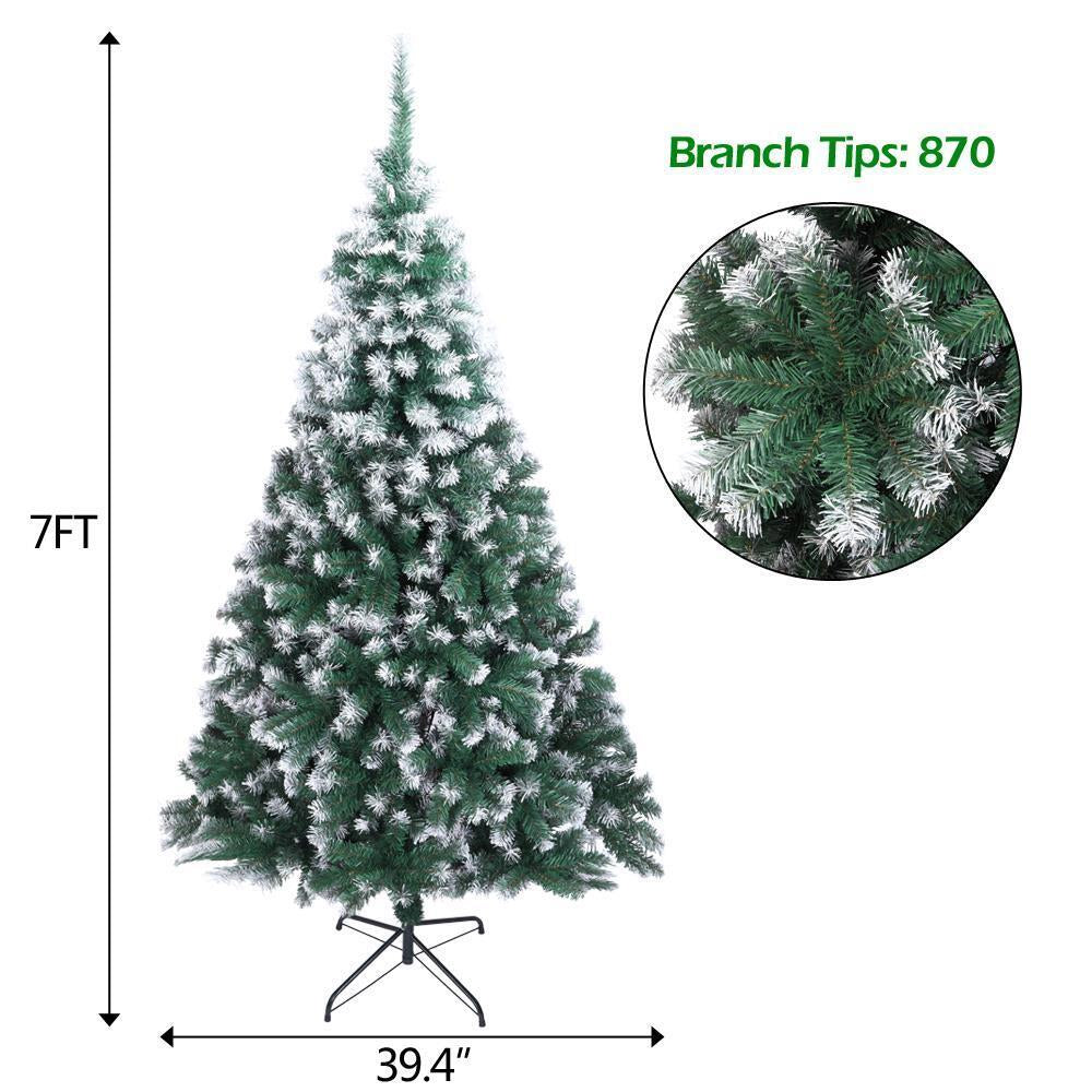 New 7FT Christmas Tree Artificial 870 Branches Xmas Snow Tips Decorated Tree
