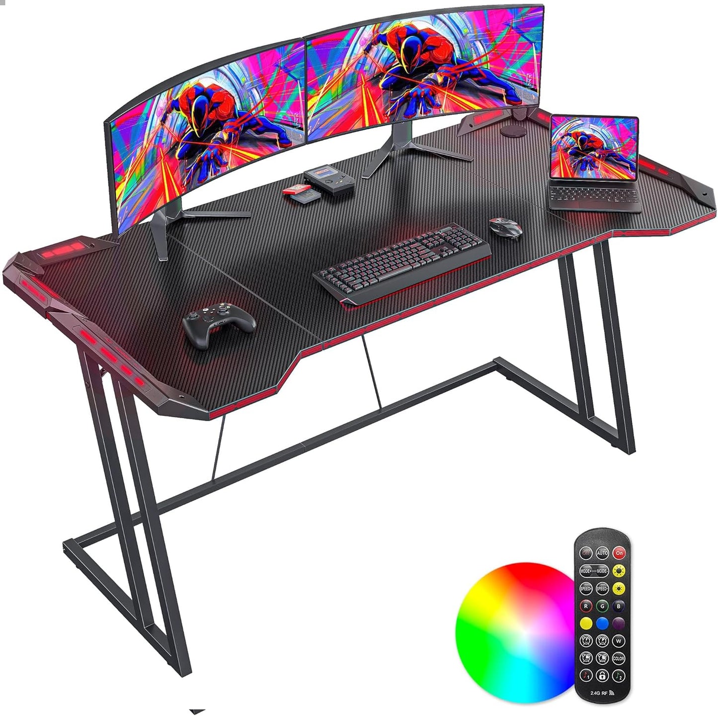 Gaming Desk with LED, 120 Cm Gamer Workstation, Home Computer with Carbon Fiber Surface, Black