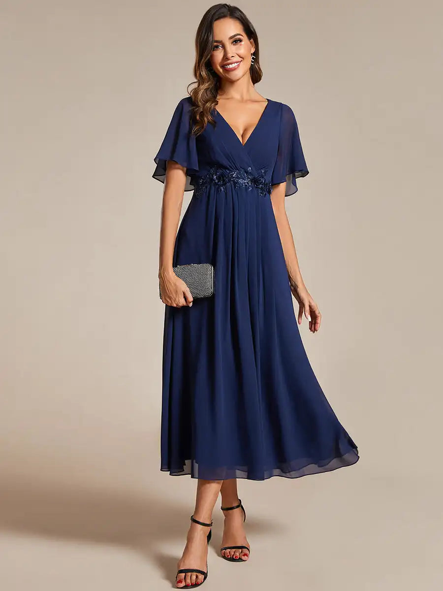 Mint Green Formal Evening Dress – Deep V-Neck Applique Ruffle Tea-Length Gown with Short Sleeves (Wedding Guest Dress, Corporate Event, Office Dress-Up)