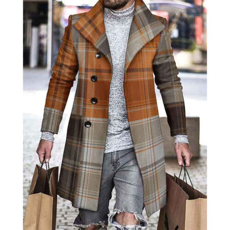 Men’s Slim Fit Plaid Trench Coat – Winter Warm Long Sleeve Jacket
