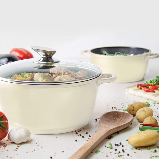 3-Layer Non-Stick Die-Cast Aluminium Stockpot with Tempered Glass Lid and Steam Vent – Induction Ready Casserole Pan, 20cm, Cream