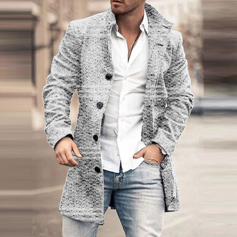 Men’s Long Sleeve Woolen Trench Coat – Warm Plaid Office Jacket for Winter Style