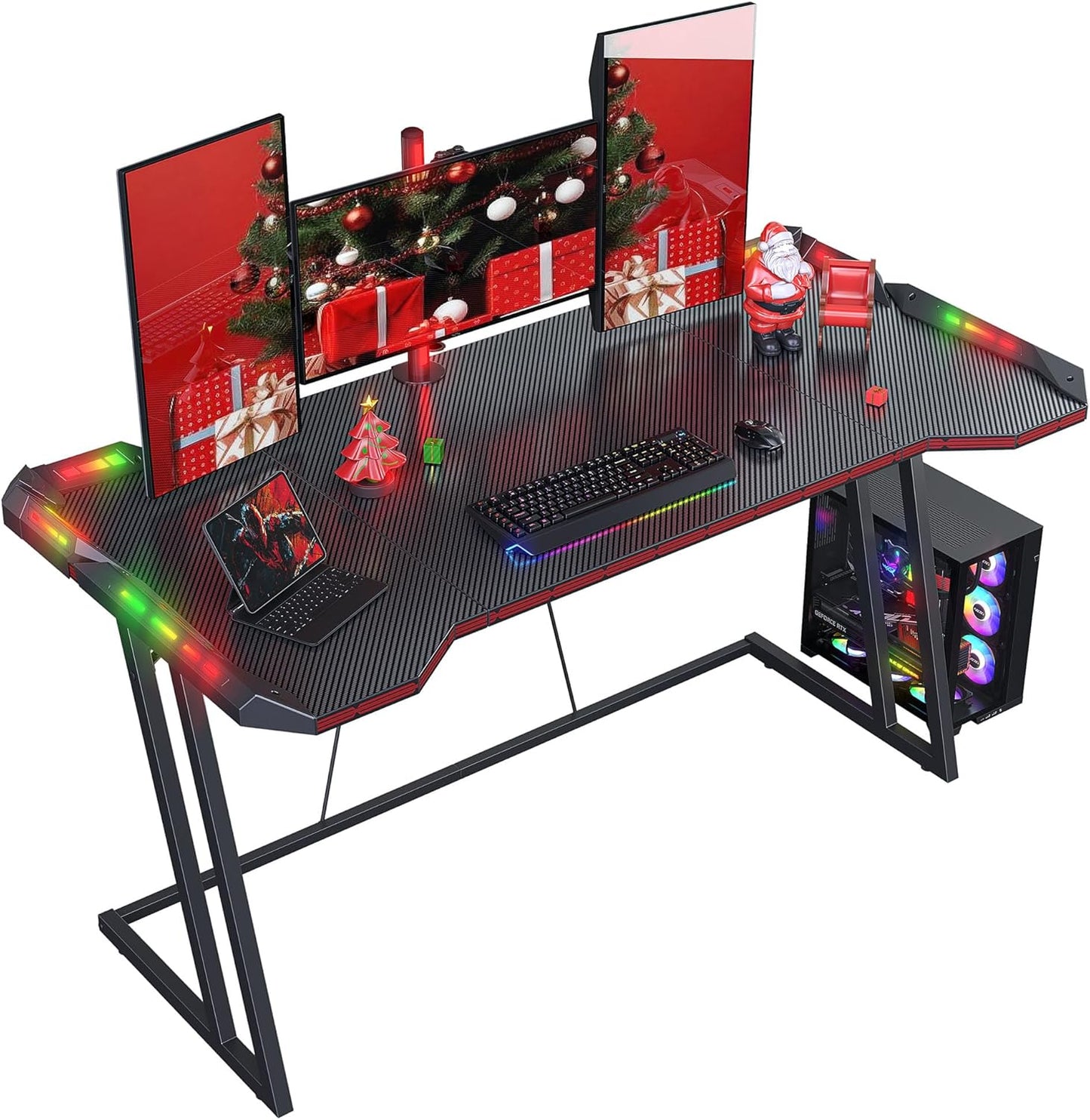 Gaming Desk with LED, 120 Cm Gamer Workstation, Home Computer with Carbon Fiber Surface, Black