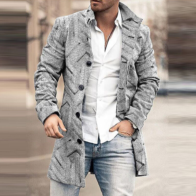Men’s Long Sleeve Woolen Trench Coat – Warm Plaid Office Jacket for Winter Style