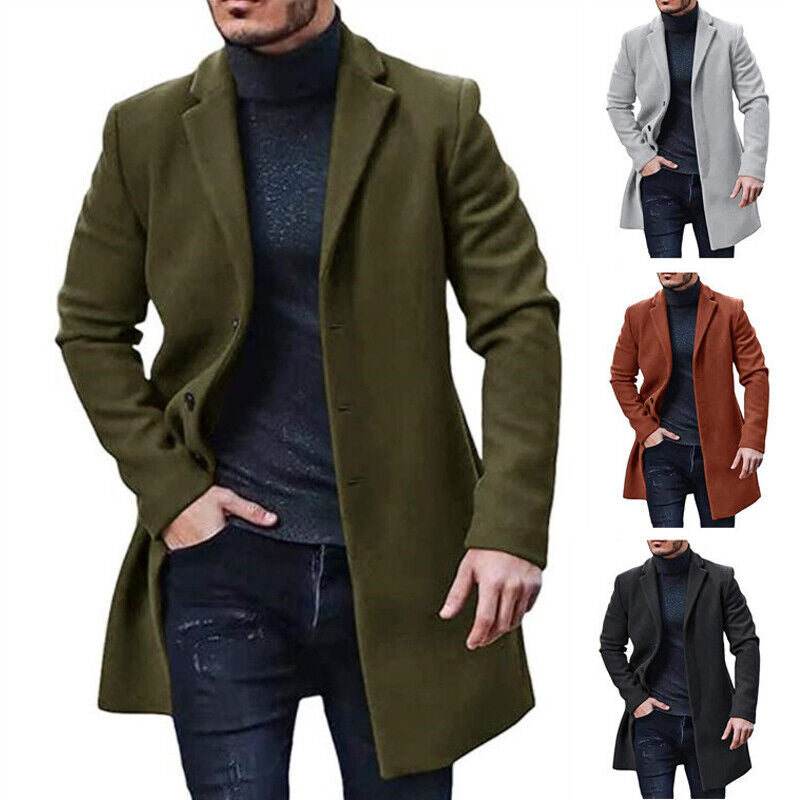 Men’s Winter Warm Trench Coat – Long Smart Formal Overcoat with Button Accents, Pockets & Lining