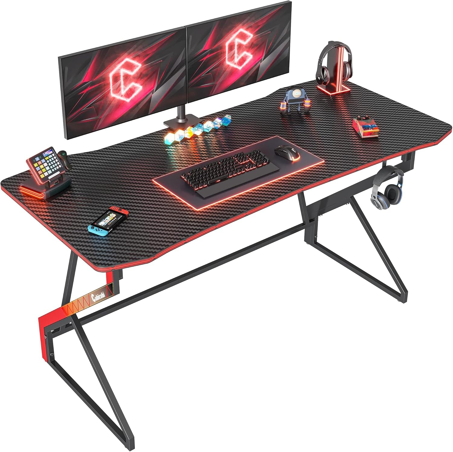 Gaming Desk with LED, 120 Cm Gamer Workstation, Home Computer with Carbon Fiber Surface, Black