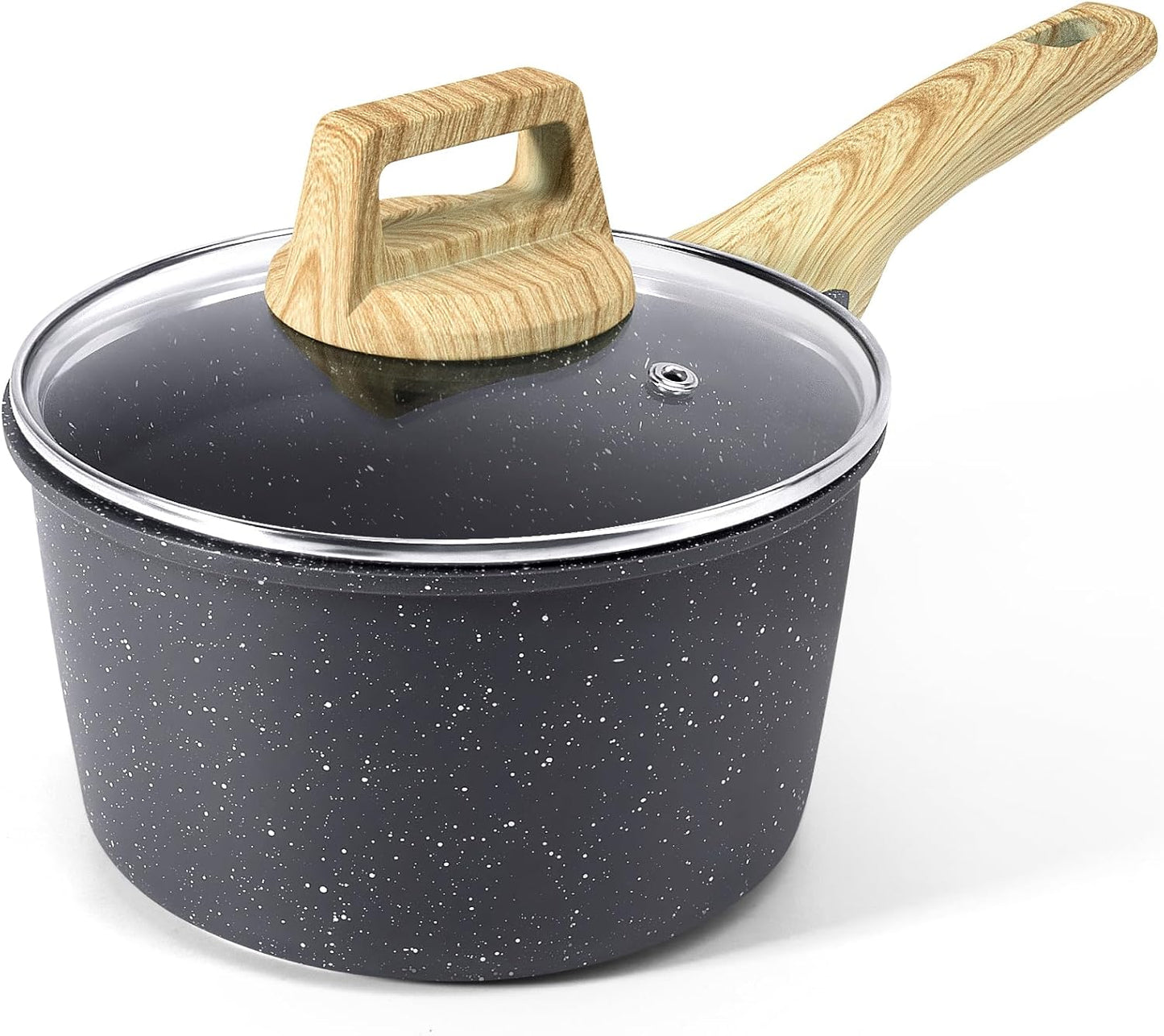Nonstick Sauce Pan with Lid - 2.5L Small Sauce Pot Non Stick Cooking Pot with Stay-Cool Handle, Kitchen Pots Granite Saucepan Induction Compatible, PFOA Free(White, 18Cm)