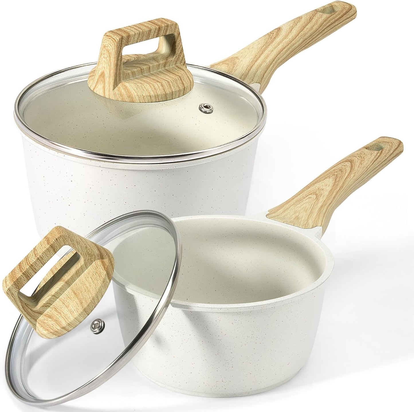 Nonstick Sauce Pan with Lid - 2.5L Small Sauce Pot Non Stick Cooking Pot with Stay-Cool Handle, Kitchen Pots Granite Saucepan Induction Compatible, PFOA Free(White, 18Cm)