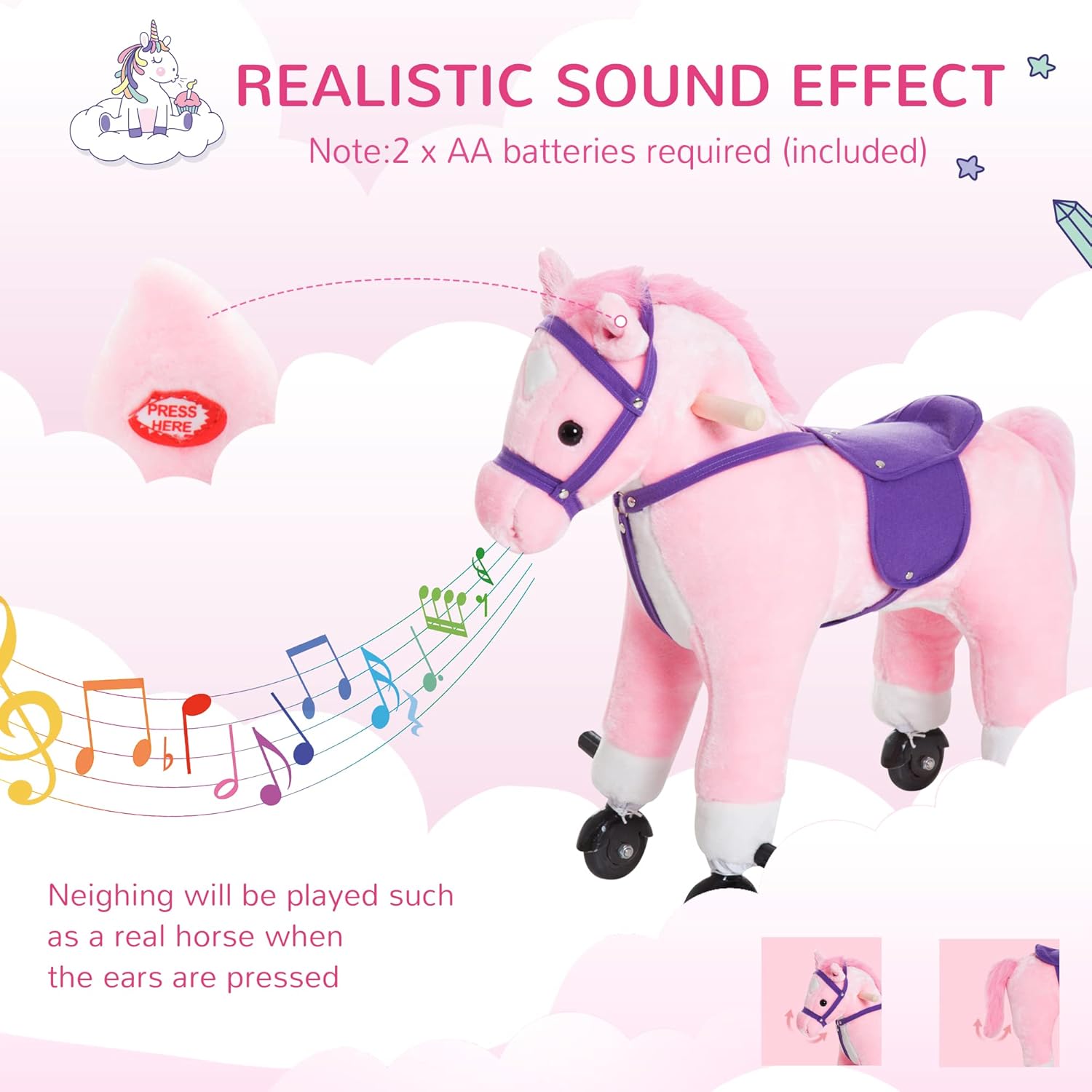 Wooden Action Pony Wheeled Walking Horse Riding Little Baby Plush Toy Wooden Style Ride on Animal Kids Gift W/Sound