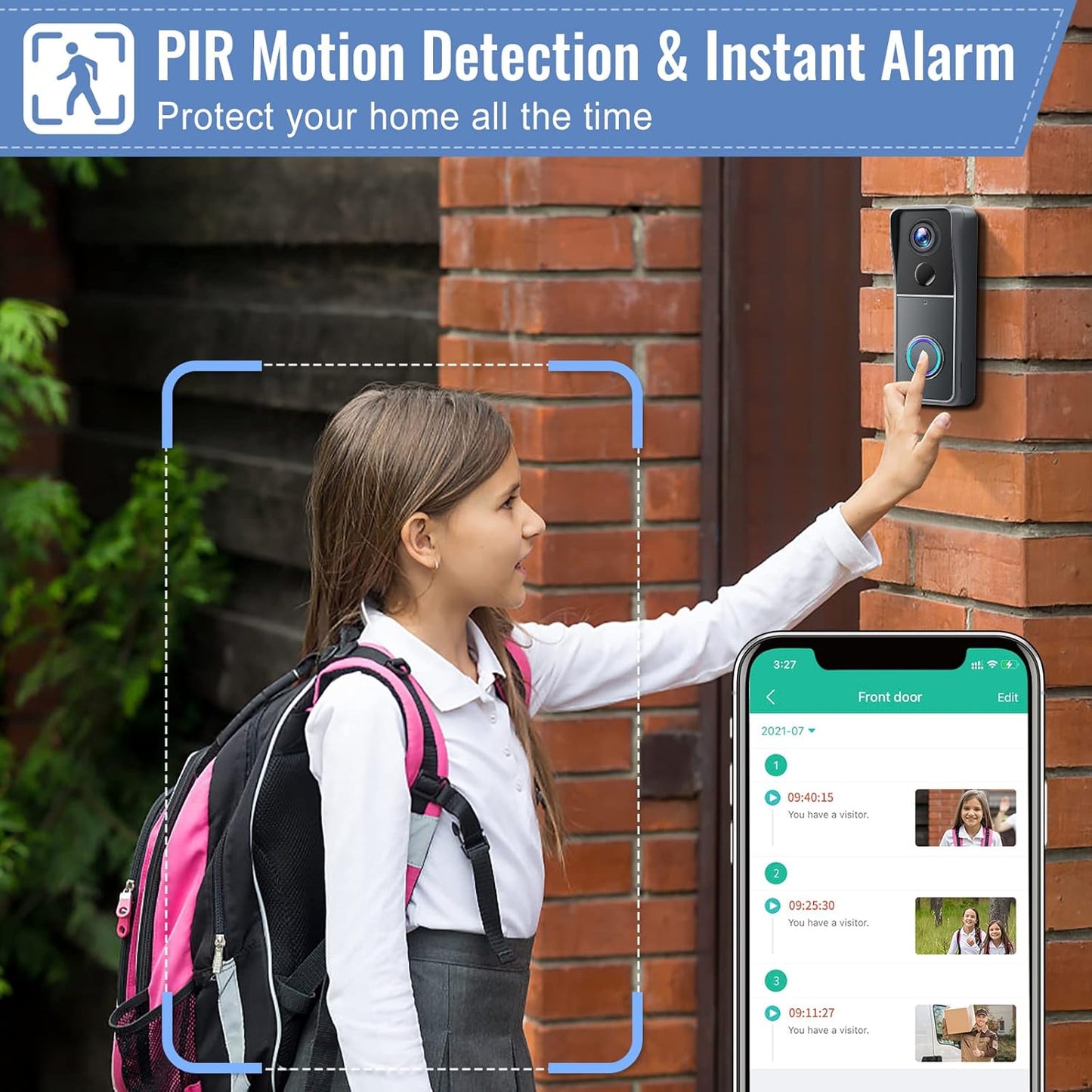 Wireless Wifi Video Doorbell Camera, 2K HD Smart Video Door Bell with Camera Battery Operated PIR Motion Detection Night Vision 2-Way Audio Support SD Card