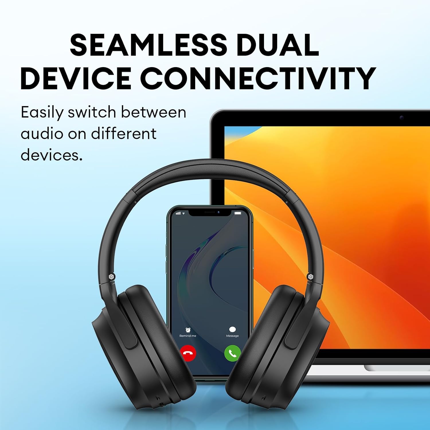 Active Noise Cancelling Headphones - 68H Playtime - AI Call Noise Cancellation - Dual Device Connection - Lightweight & Foldable Design - Fast Charge - Bluetooth 5.3 - Black
