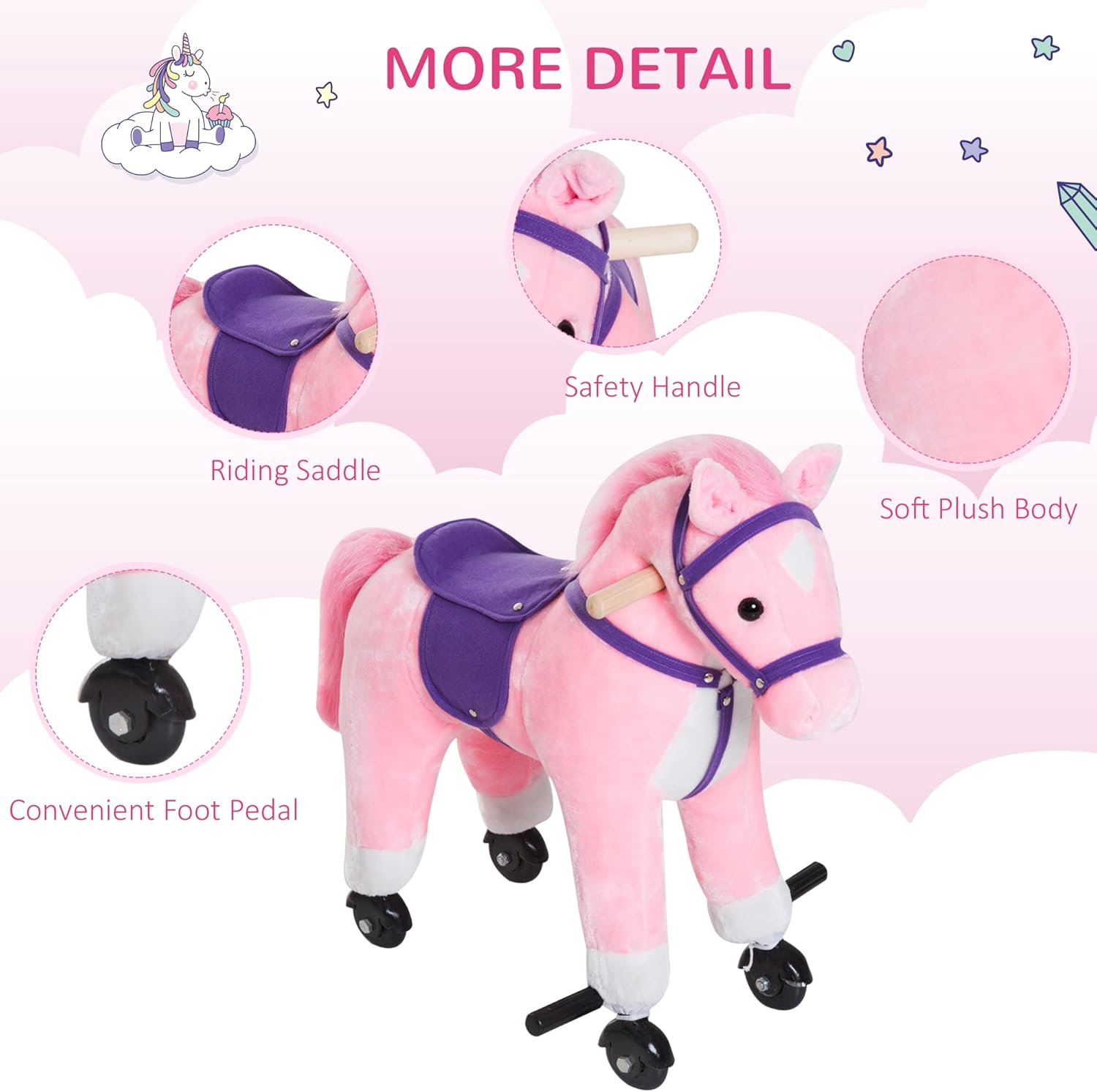 Wooden Action Pony Wheeled Walking Horse Riding Little Baby Plush Toy Wooden Style Ride on Animal Kids Gift W/Sound