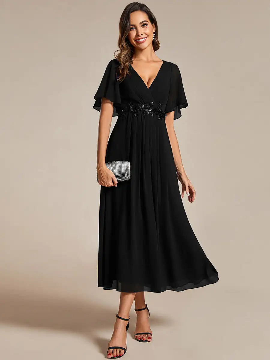 Mint Green Formal Evening Dress – Deep V-Neck Applique Ruffle Tea-Length Gown with Short Sleeves (Wedding Guest Dress, Corporate Event, Office Dress-Up)