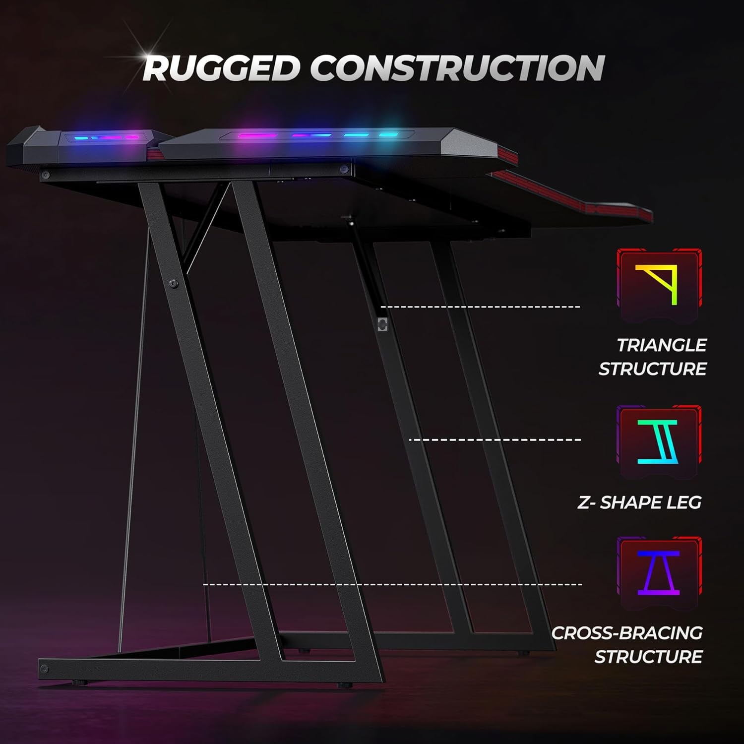 Gaming Desk with LED, 120 Cm Gamer Workstation, Home Computer with Carbon Fiber Surface, Black